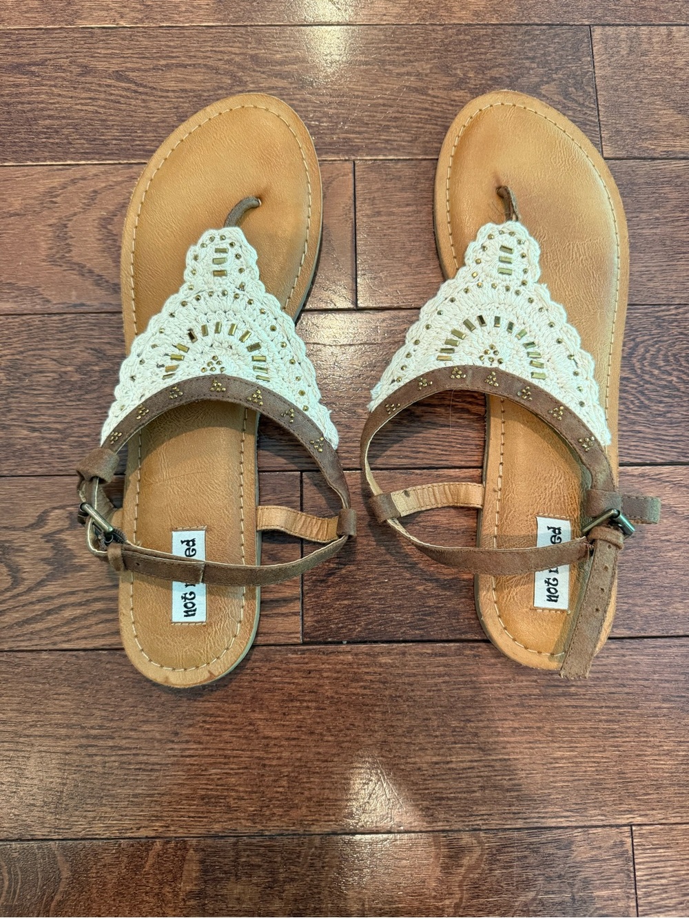 Not Rated Brown and Cream Crochet T-Strap Sandals